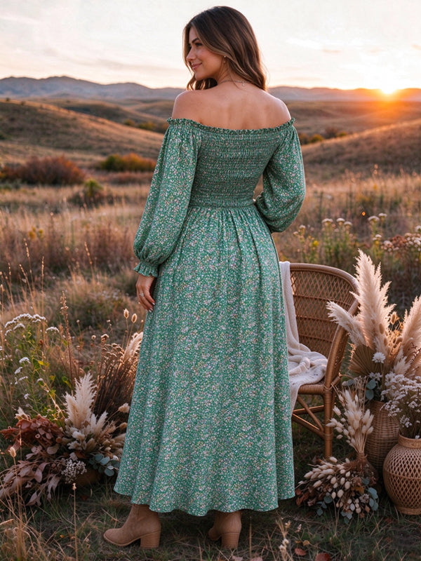 Green Printed Maternity Maxi Dress with Puff Sleeve Details and Elegant Silhouette