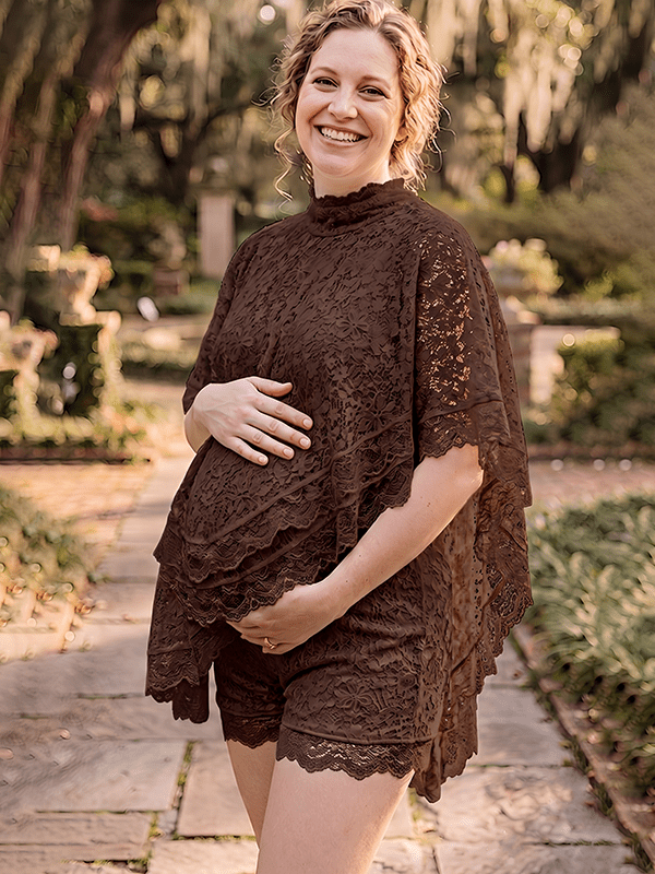 Momyknows Lace Halter Neck Backless 2-in-1 Photoshoot Vacation Maternity Tops Shorts - Brown - 4