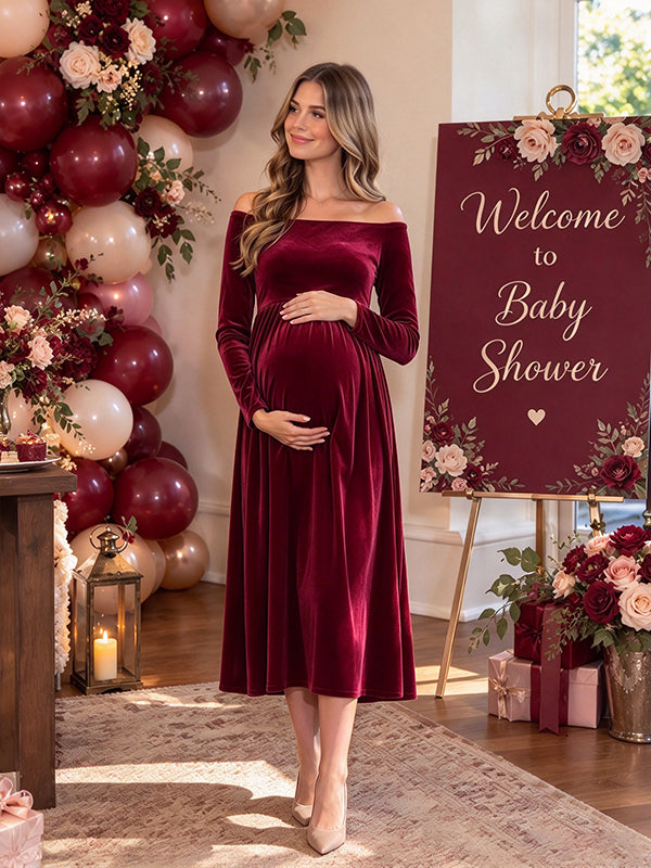 Wine Red Off Shoulder Maternity Midi Dress with Big Swing Fit and Flowing Skirt