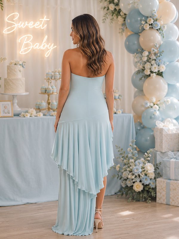 Momyknows Ruffle Side Slit Trumpet Big Swing Maternity Baby Shower Maxi Dress - Sky Blue - 3