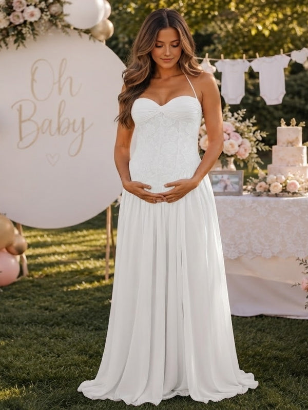 White Maternity Maxi Dress with Halter Neck and Lace Detail and Flattering Big Swing Shape