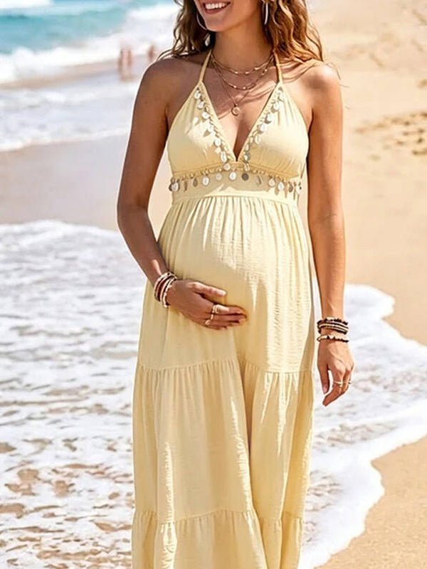 Momyknows V-neck Halter Neck lace-up Backless Daily Fashion Photoshoot Maternity Midi Dress - Yellow - 1