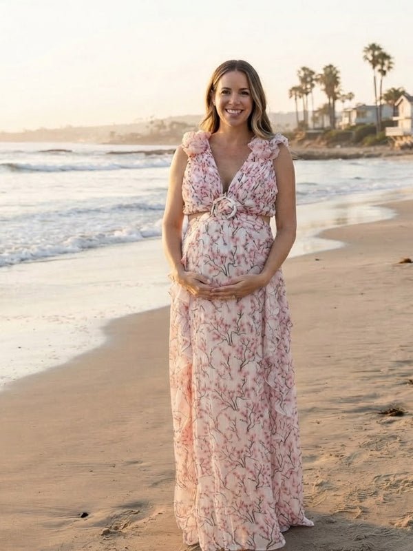 Momyknows Deep V Print Ruffle Backless Lace Up Maternity Photoshoot Maxi Dress - Pink - 5