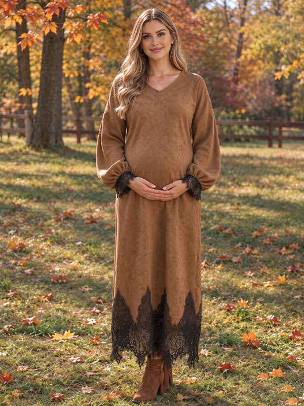 Brown Maternity Maxi Dress with Lace Inserts and Asymmetrical Hem and Flattering Fit, Photoshoot Occasion
