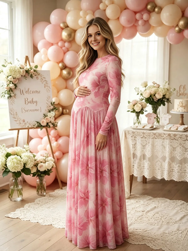 Pink Floral Maternity Maxi Dress with Round Neck and Pleated Details and Elegant Fit