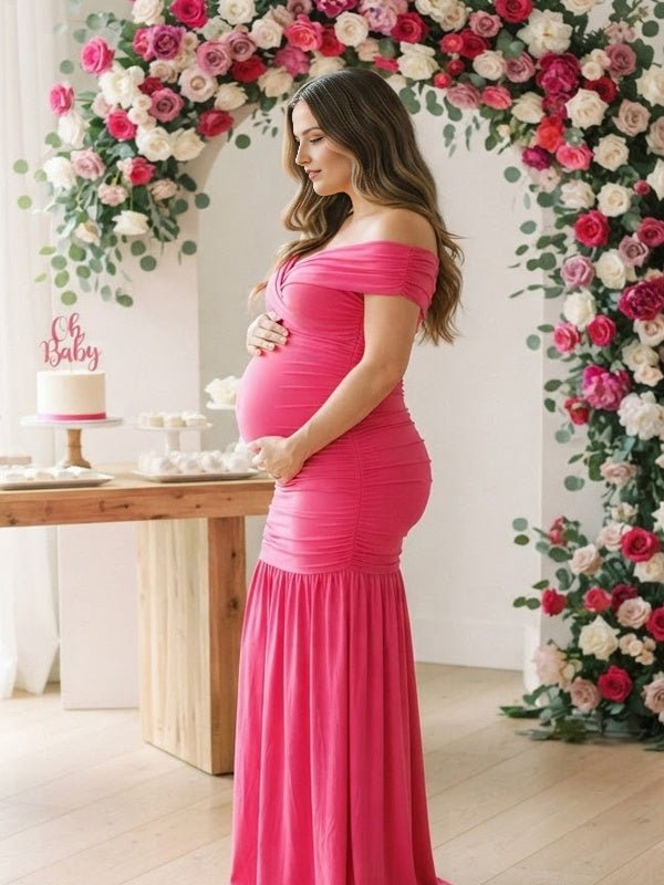 Momyknows Rose Carmine Off Shoulder Ruched Spliced Backless Maternity Baby Shower Maxi Dress - Rose Carmine - 2