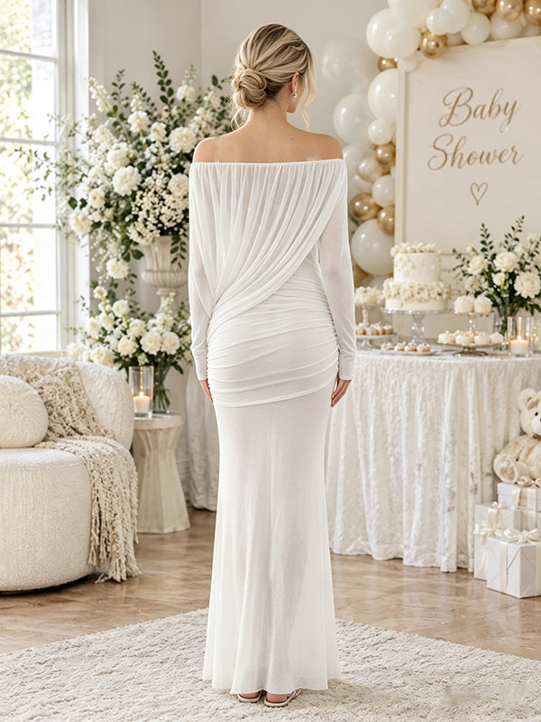 White Maternity Maxi Dress with Ruched Design and Off Shoulder Sheer Style