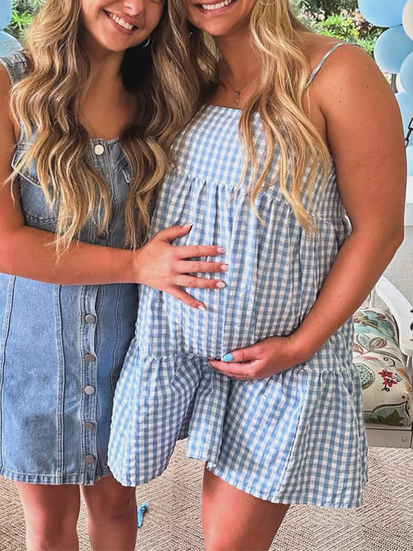 Momyknows Blue Plaid Ruffle Spaghetti Strap Baby Shower Maternity Mini Dress