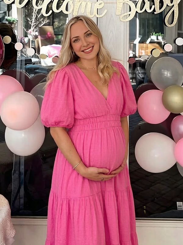 Momyknows Solid Color Ruched Puff Sleeve A-line Boho Maternity Maxi Dress