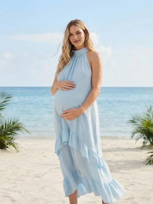 Momyknows Blue Ruffle Halter Neck Sleeveless Maternity Photoshoot Maxi Dress - Blue - 2