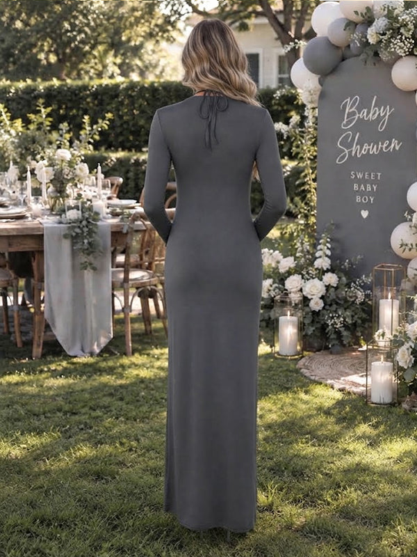 Dark Grey Maternity Maxi Dress with Halter Neck and Ruched Design and Ribbon Accent