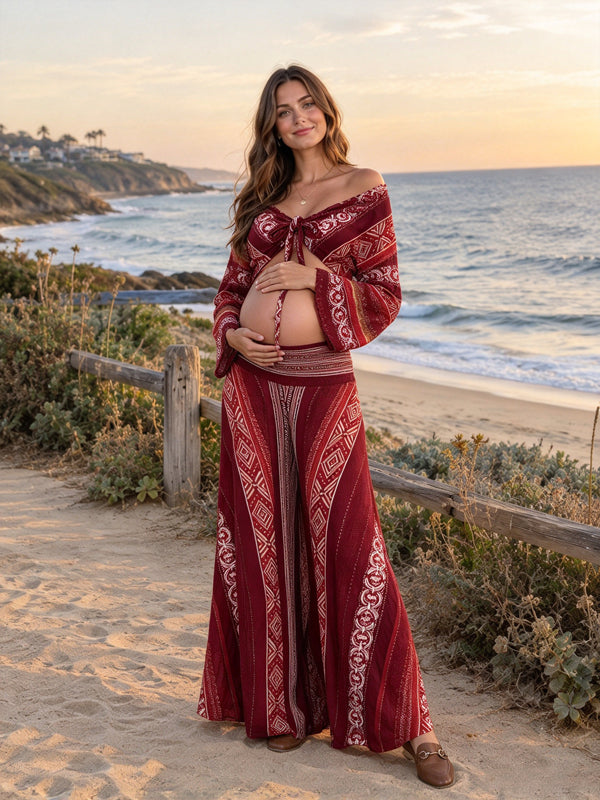 Red Print Maternity Wide-Leg Pants with Eye-Catching Pattern and Flared Fit