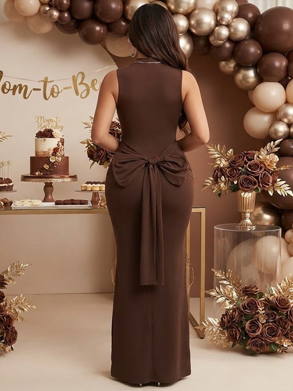Momyknows Coffee Lace Up Bowknot Ruched Knot Ribbon Maternity Baby Shower Maxi Dress - Coffee - 2