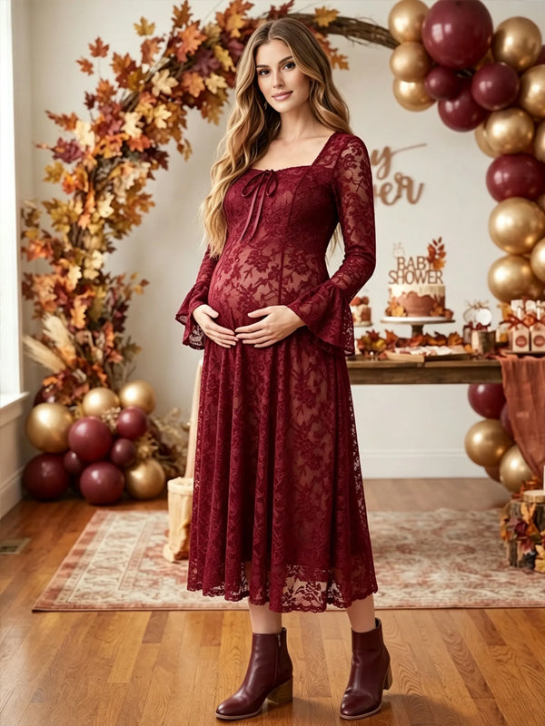 Red Elegant Lace Flare-Sleeve A-Line Maternity Midi Dress with Flattering Fit, Baby Shower
