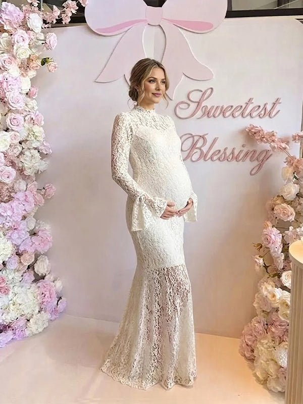 Momyknows White Elegant Lace Flare Sleeve Baby Shower Maternity Maxi Dress - White - 2
