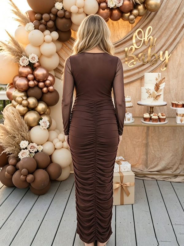 Brown Pleated Maternity Maxi Dress with Long Sleeves and Flexible Stretch