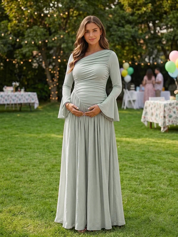 Ruched Irregular Collar Baby Shower Maternity Maxi Dress