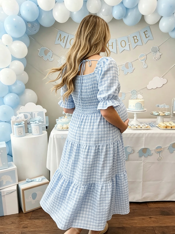 Blue Plaid Maternity Dress with Puff Sleeves and Ruffle Details and Adjustable Fit