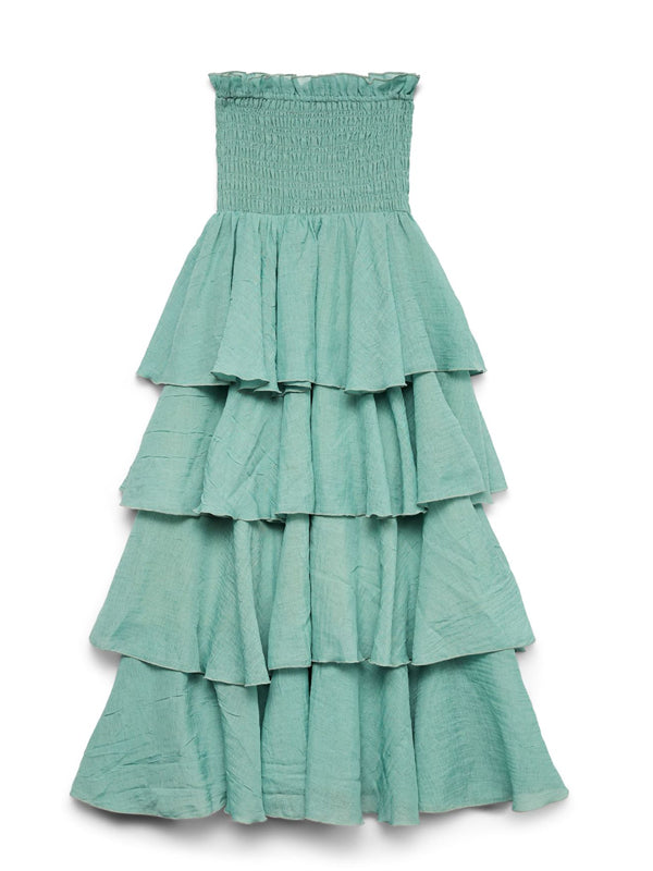 Momyknows Smocked Falbala Tulle Skirt Maternity Baby Shower Maxi Dress Green / M