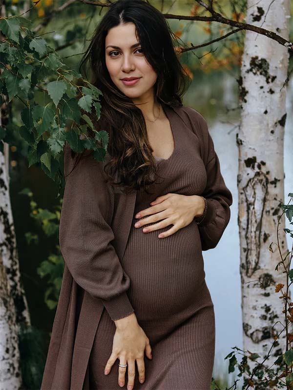 Momyknows Dark Brown 2 Pieces Knit Baby Shower Maternity Maxi Sweater Dress Dark Brown / L Momyknows Dark Brown 2 Pieces Knit Baby Shower Maternity Maxi Sweater Dress Dark Brown / L