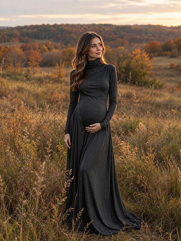 Grey High Neck Ruched Maternity Maxi Dress with Pocket Detail and Elegant Fit, Photoshoot Occasion