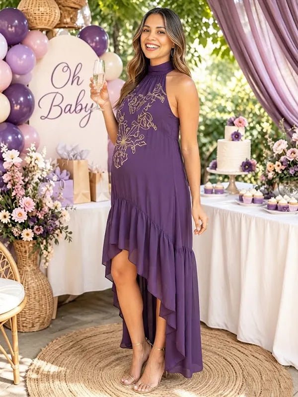 Momyknows Purple Open Back Halter Neck Falbala Embroidery Irregular Baby Shower Maxi Dress - Purple - 2
