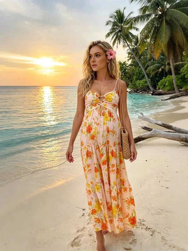 Momyknows Orange Spaghetti Strap Backless print pattern Baby Shower Maternity Maxi Dress