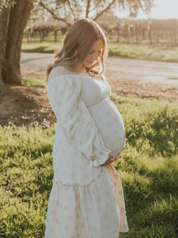 Momyknows Apricot Daisy Print Smocked Off Shoulder Ruffle Big Swing Elegant Vacation Maternity Photoshoot Baby Shower Party Maxi Dress