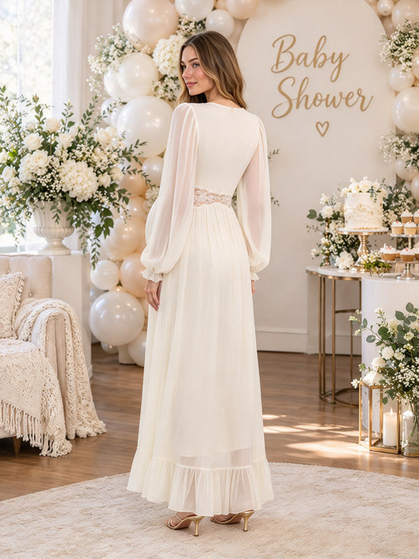 Ivory-White Lace Maternity Maxi Dress with Button Front and Elegant Ruffle Trim