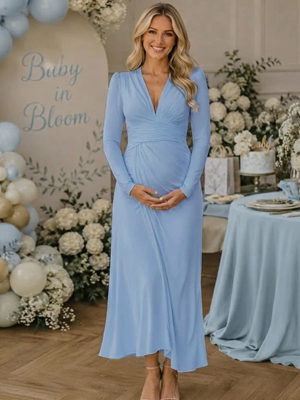 Ruched Deep V Irregular Baby Shower Maternity Midi Dress