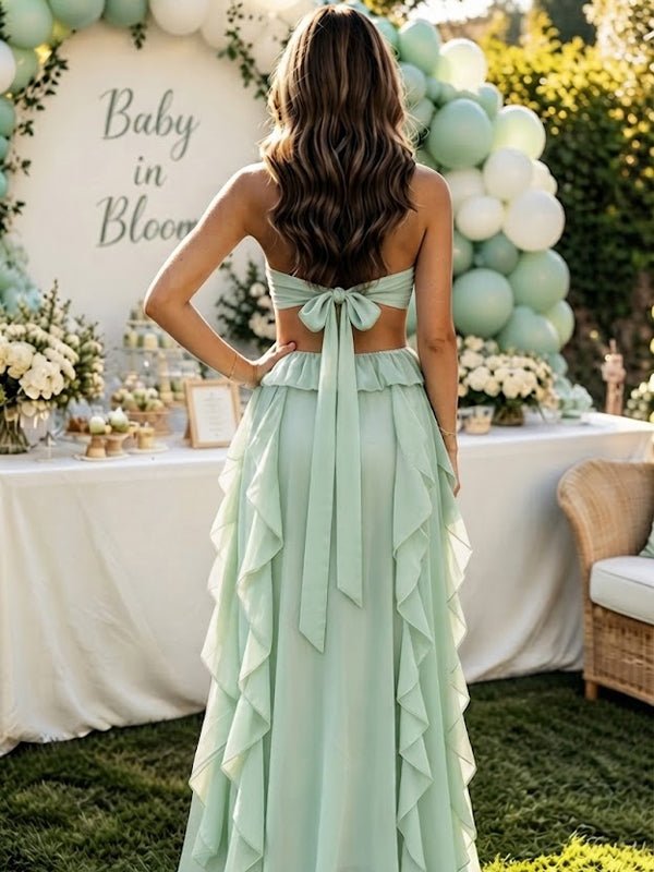 Momyknows Green Open Back Ruched Lace-Up Off Shoulder High Waist Irregular Maternity Baby Shower Maxi Dress - Green - 3