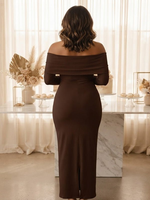 Momyknows Off Shoulder Side Slit Backless Flare Sleeve Ruched Maternity Baby Shower Maxi Dress - Coffee - 7