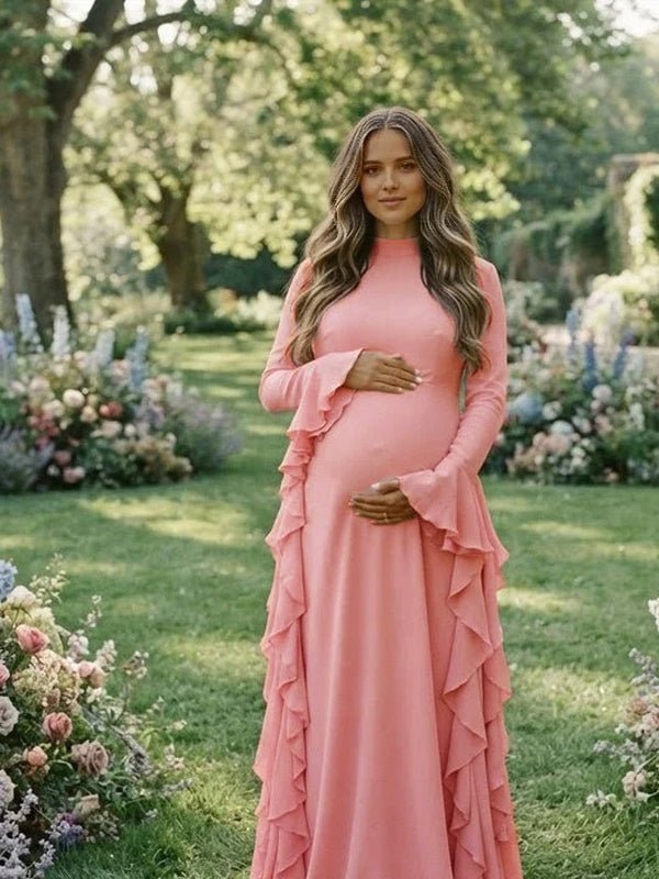 Momyknows Ruffle Flare Sleeve Big Swing Maternity Photoshoot Maxi Dress - Pink - 2