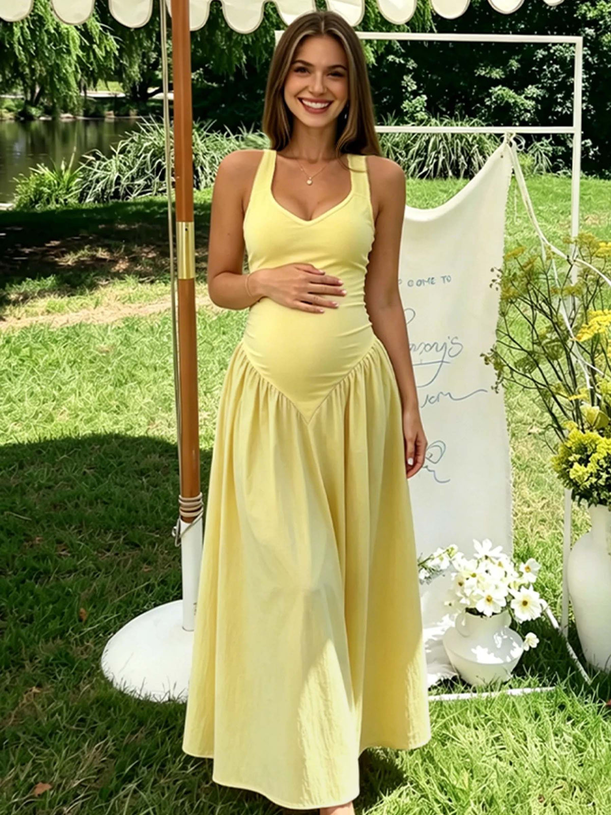 Momyknows Halter Neck Backless Lace Up Ruffle Baby Shower Maternity Maxi Dress