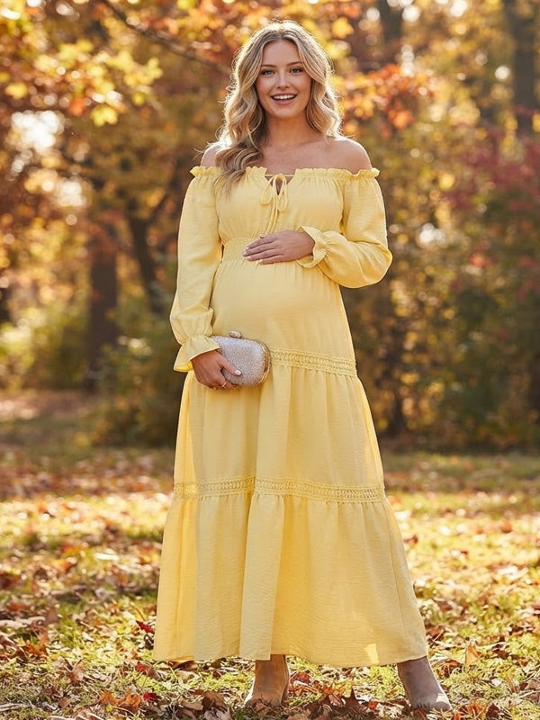 Yellow Maternity Maxi Dress with Smocked Detail and Off Shoulder Lace Up Design