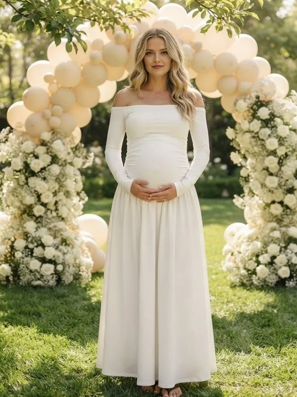 Momyknows Off Shoulder Backless Ruched Big Swing Maternity Baby Shower Maxi Dress - White - 2