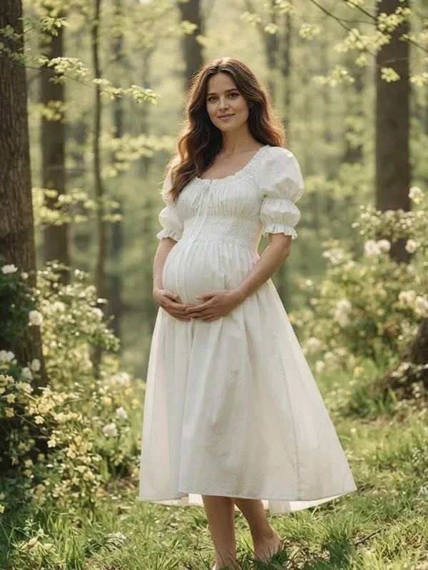 Momyknows Smocked Lace Up Ruffle Puff Sleeve Maternity Photoshoot Midi Dress - White - 1
