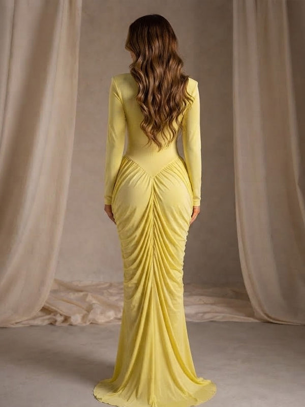 Yellow Ruched Maternity Maxi Dress with Elegant Cross Chest Detail