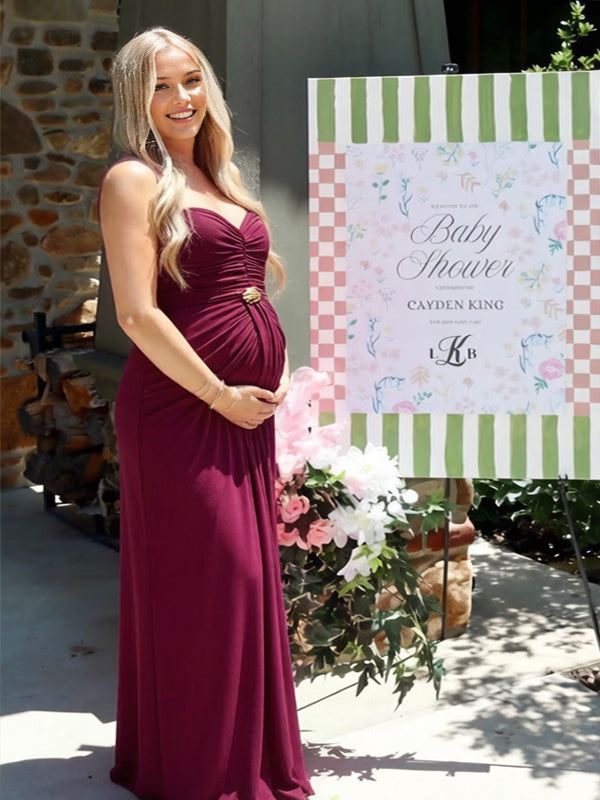 Momyknows Ruched Ribbon Backless Maternity Baby Shower Maxi Dress