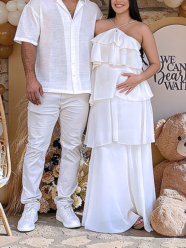 Momyknows White Peplum Layered Ruffle Halter Neck Baby Shower Maternity Maxi Dress