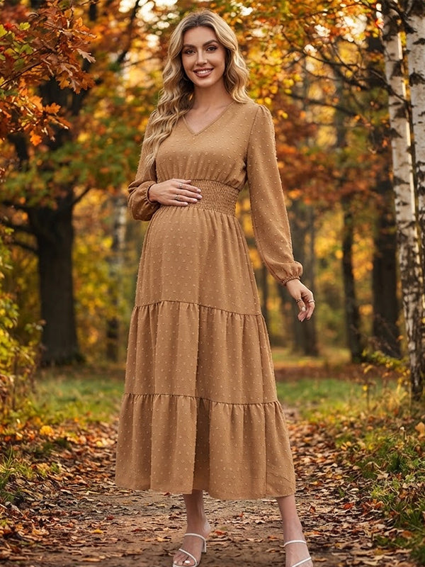 Khaki Elegant Ruffle Smocked Maternity Midi Dress with A-Line Silhouette