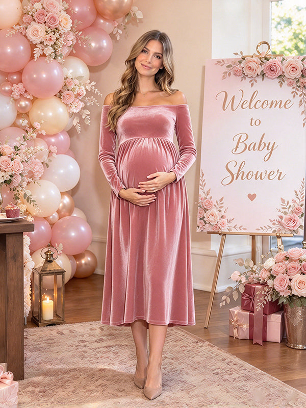 Pink Off Shoulder Maternity Midi Dress with Flowing Big Swing Skirt and Elegant Fit, Baby Shower Occasion