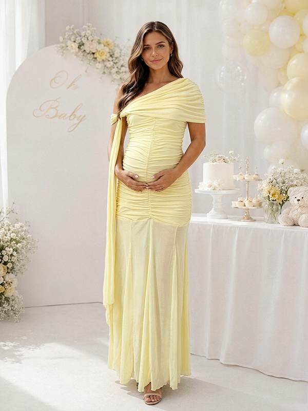 Elegant Oblique Shoulder Mesh Baby Shower Maternity Maxi Dress