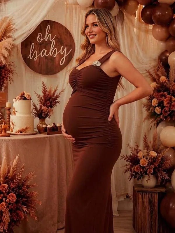 Momyknows Dark Brown Fitted Ruffle Backless Maternity Baby Shower Maxi Dress - Dark Brown - 2