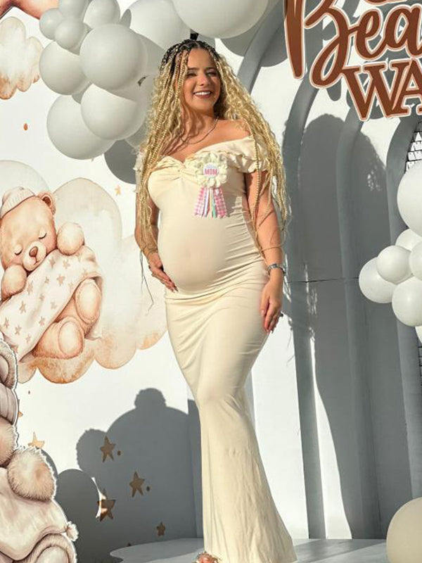 Momyknows Ivory White Ruffle Falbala Off Shoulder Mermaid Elegant Cocktail Evening Gown Maternity Photoshoot Baby Shower Maxi Dress