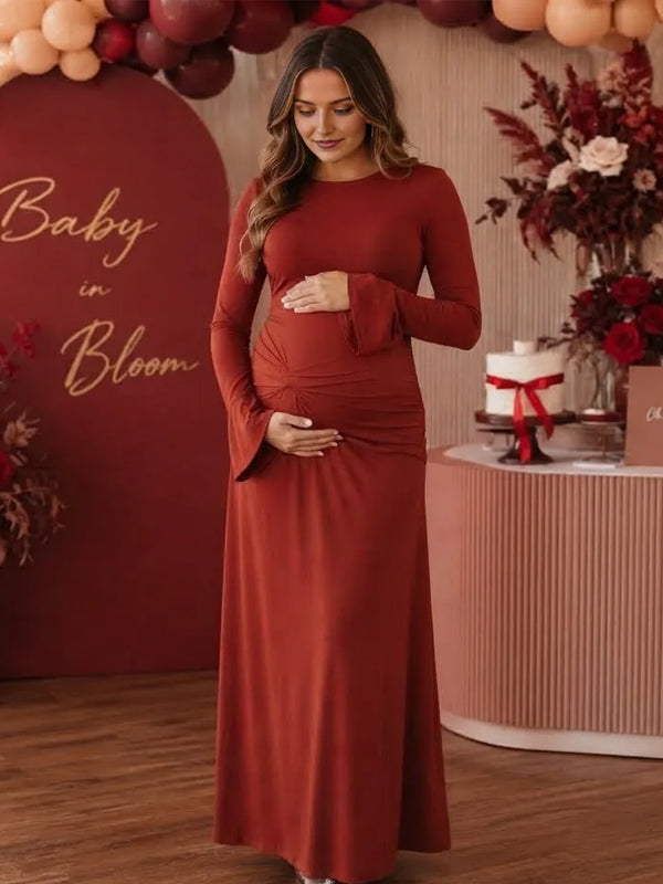 Red Elegantd Maternity Maxi Dress with Ruched Detail and Round Neck and Flattering Silhouette, Baby Shower
