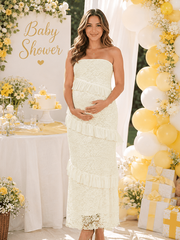 Momyknows Chic Lace Falbala Bandeau Bodycon Baby Shower Maternity Maxi Dress - Yellow - 1