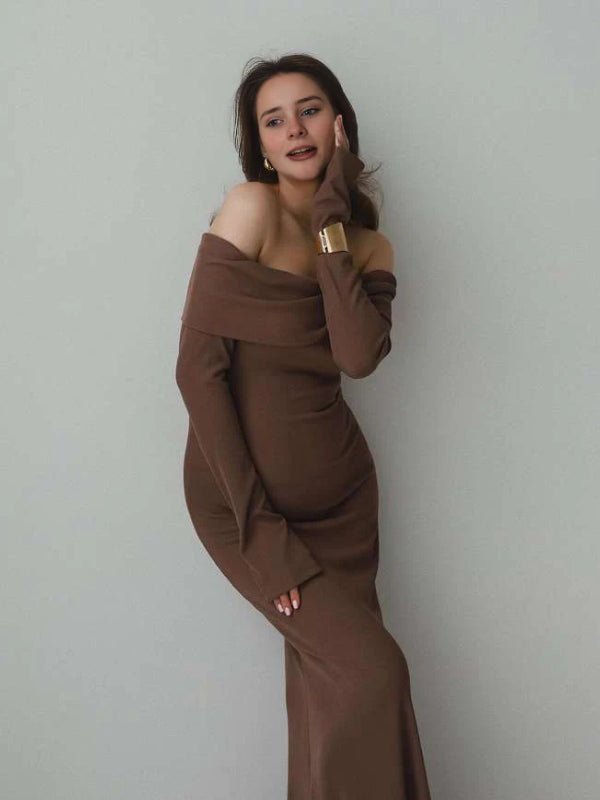 Momyknows Off Shoulder Knit Bodycon Mermaid Going Out Baby Shower Maternity Sweater Maxi Dress, Coffee / XL