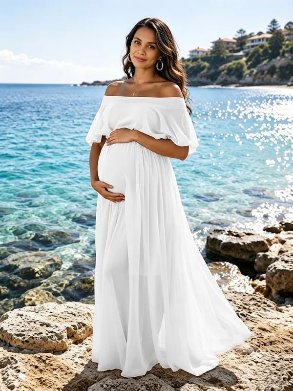 Momyknows Chiffon Off Shoulder Open Back Flowy Big Swing Maternity Photoshoot Maxi Dress - White - 4