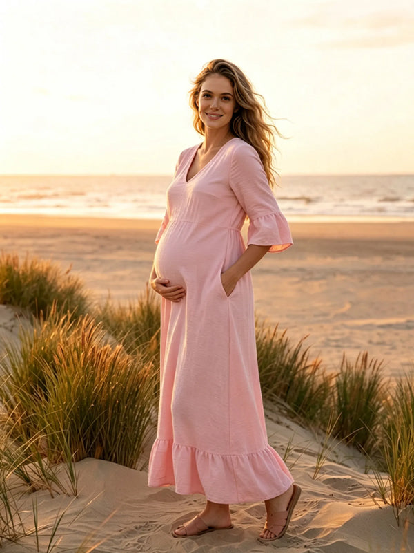 Pink Long Maternity Dress with V-Neck and Three-Quarter Sleeves and Pockets